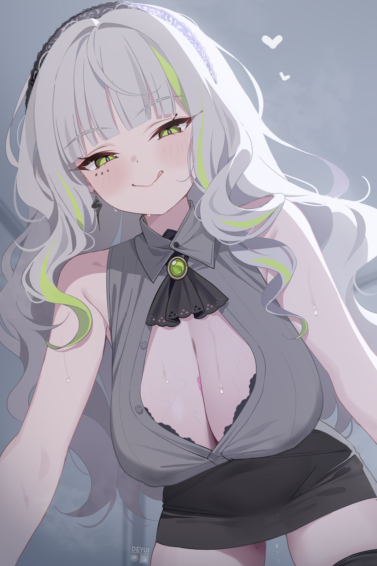 deyui, firenze (stella sora), stella sora, commentary request, highres, revision, 1girl, :q, ascot, bare arms, black ascot, black bra, black hairband, black skirt, black thighhighs, blunt bangs, bra, bra peek, breasts, brooch, cleavage, collared shirt, covered erect nipples, earrings, green eyes, green streaks, hairband, jewelry, large breasts, long hair, looking at viewer, miniskirt, multicolored hair, partially unbuttoned, pencil skirt, see-through clothes, see-through skirt, shirt, shirt tucked in, sidelocks, skirt, sleeveless, sleeveless shirt, smile, solo, streaked hair, thighhighs, tongue, tongue out, underwear, very long hair