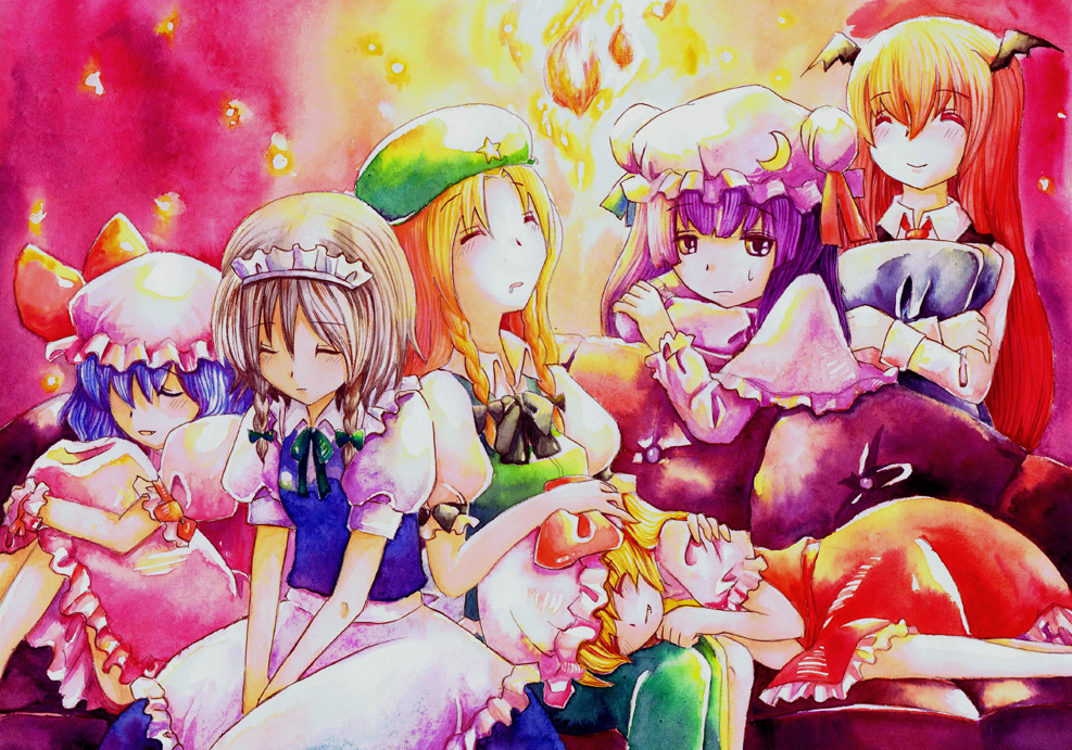 shiroaisa, flandre scarlet, hong meiling, izayoi sakuya, koakuma, patchouli knowledge, remilia scarlet, embodiment of scarlet devil, touhou, graphite (medium), millipen (medium), painting (medium), pen (medium), traditional media, watercolor (medium), 6+girls, dress, female focus, fire, hat, hugging object, lap pillow, maid, multiple girls, pillow, pillow hug, sleeping