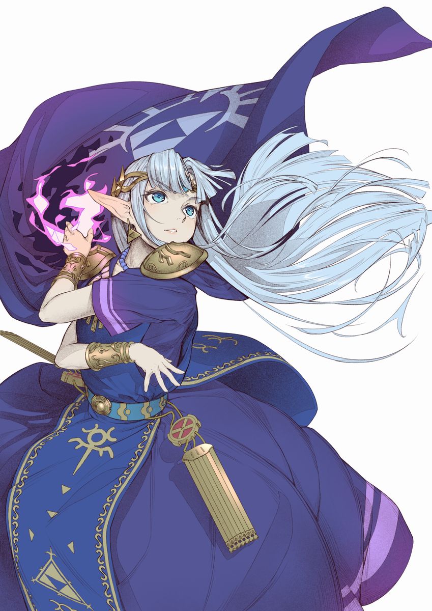 oki (koi0koi), princess zelda, nintendo, super smash bros., the legend of zelda, the legend of zelda: a link between worlds, commentary request, highres, 1girl, alternate color, armor, belt, blue belt, blue dress, blue eyes, bracer, circlet, dress, grey hair, long hair, magic, parted lips, pointy ears, purple dress, short sleeves, shoulder armor, simple background, solo, triforce, triforce print, white background