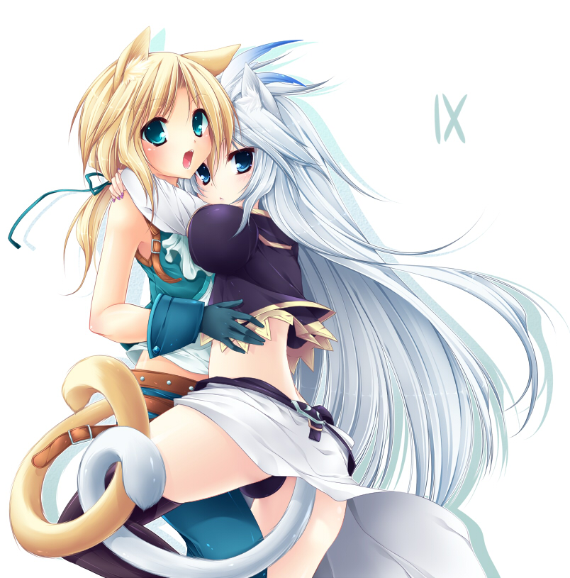 sagami rin, kuja, zidane tribal, final fantasy, final fantasy ix, silver hair, 00s, 2boys, animal ears, blonde hair, blue eyes, cat boy, cat ears, cat tail, gloves, holding, hug, kemonomimi mode, long hair, looking back, male focus, multiple boys, open mouth, ponytail, tail, thighhighs, trap, very long hair
