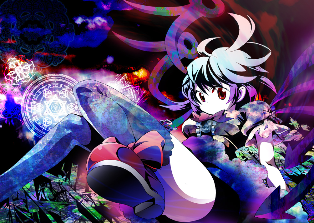 karu, houjuu nue, touhou, bad id, bad pixiv id, 1girl, black hair, black thighhighs, female focus, red eyes, short hair, solo, thighhighs, wings