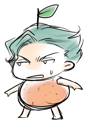 jeremiah gottwald, code geass, artist request, lowres, non-web source, source request, 1boy, chibi, food, fruit, full body, green hair, male focus, nude, orange (fruit), parody, solo, spiked hair, white background