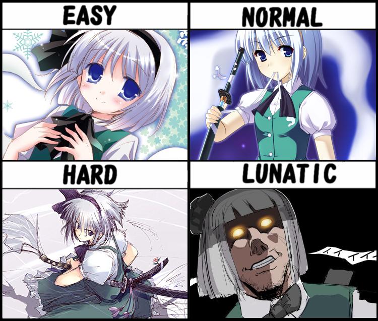 alexander anderson, konpaku youmu, konpaku youmu (ghost), hellsing, touhou, silver hair, third-party edit, 1girl, blue eyes, blush, chart, female focus, fighting stance, ghost, glowing, glowing eyes, katana, ribbon, short hair, skirt, solo, sword, upper body, weapon, you gonna get raped