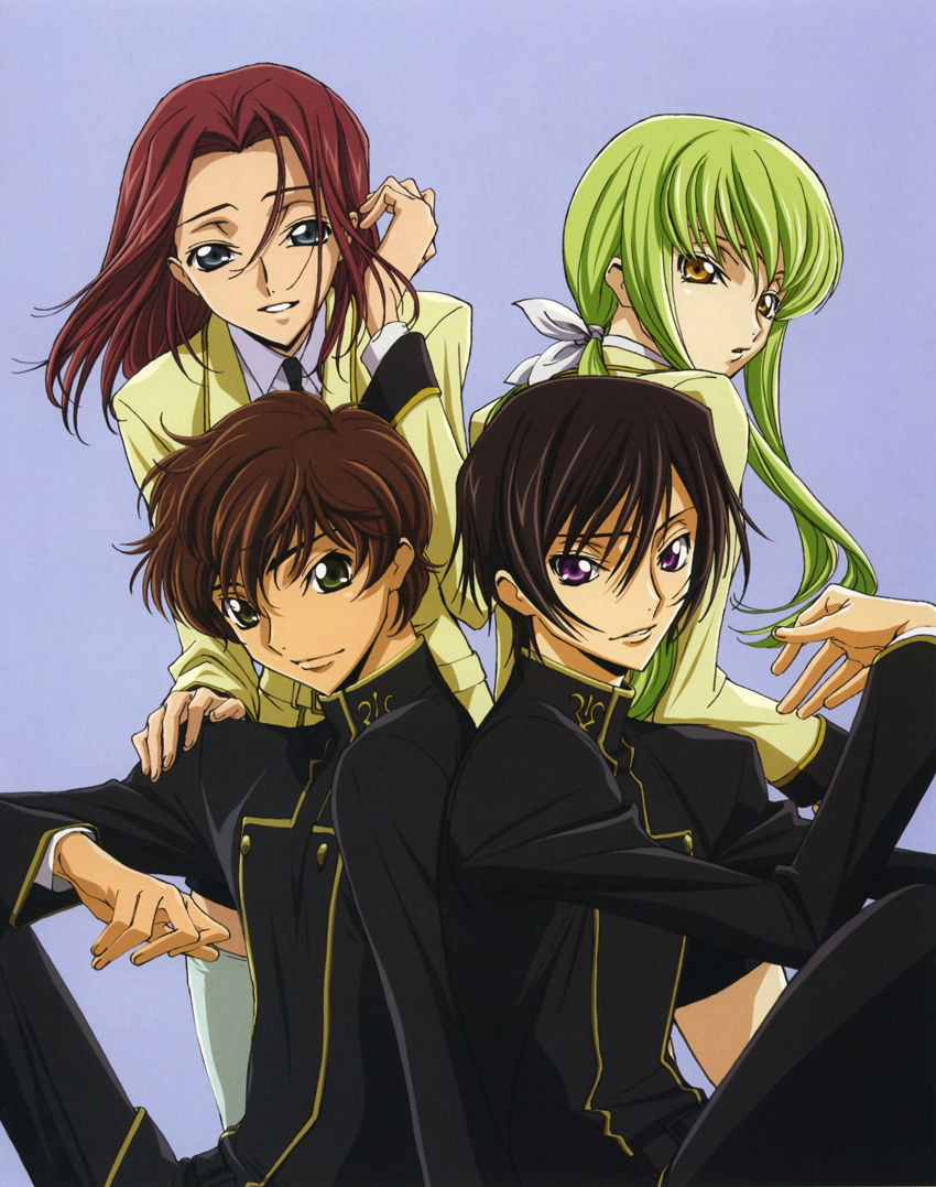 chiba yuriko, c.c., kouzuki kallen, kururugi suzaku, lelouch vi britannia, code geass, official art, 2boys, 2girls, black hair, brown hair, green eyes, green hair, long hair, multiple boys, multiple girls, school uniform, short hair