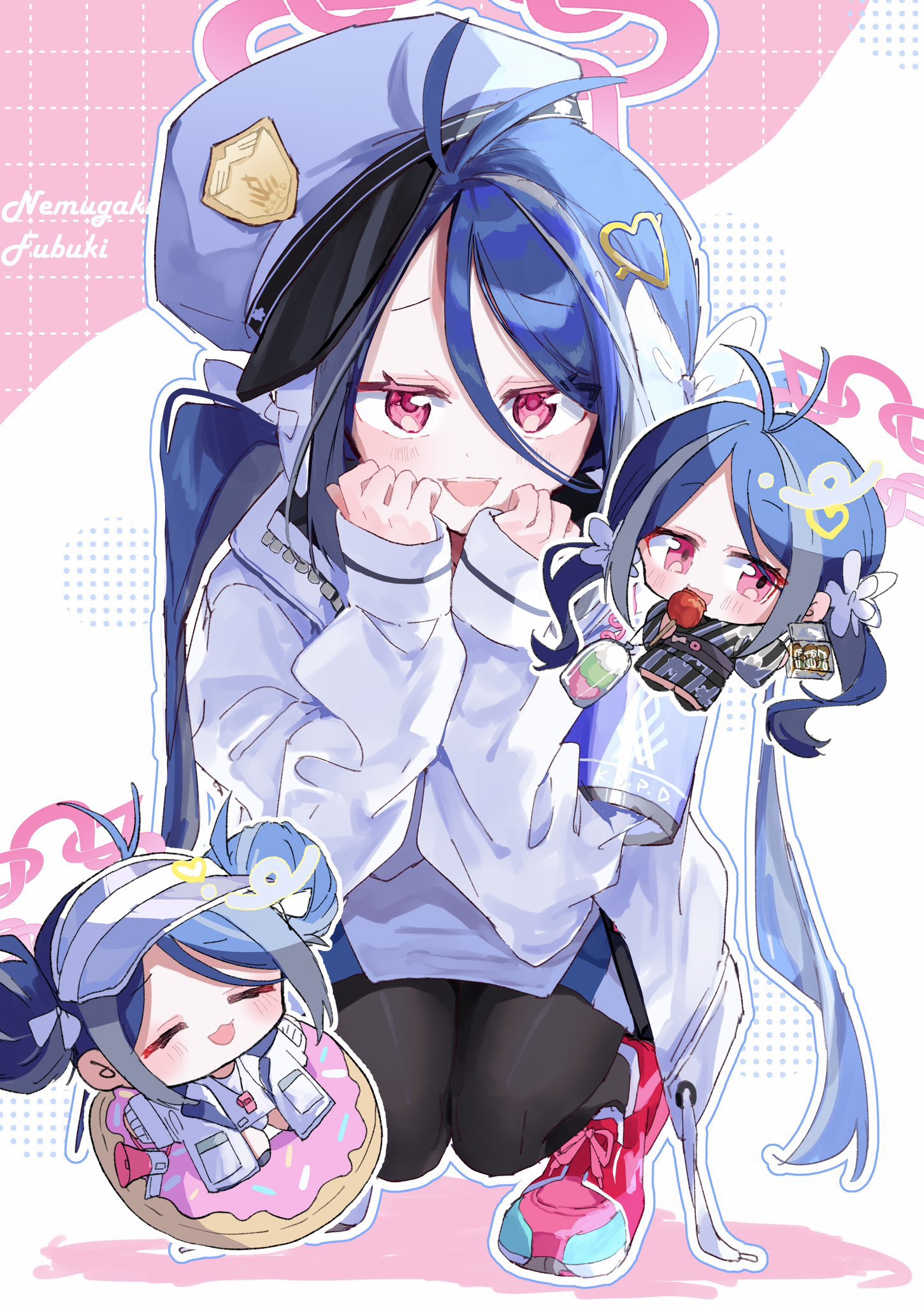 nyou 0, fubuki (blue archive), blue archive, commentary request, highres, 3girls, :d, antenna hair, black pantyhose, blue hair, candy apple, character name, chibi, chibi inset, closed eyes, colored shadow, cotton candy, donut innertube, double bun, food, hair bun, halo, hands on own face, innertube, japanese clothes, kimono, long hair, long sleeves, looking at viewer, megaphone, multiple girls, official alternate costume, open mouth, pantyhose, pink eyes, pink shoes, shadow, shoes, simple background, smile, swim ring, takoyaki, twintails, two-tone background, whistle, whistle around neck