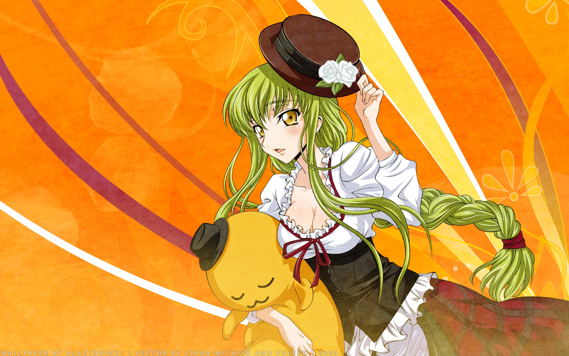 c.c., cheese-kun, code geass, highres, 1girl, breasts, cleavage, dress, green hair, hat, long hair