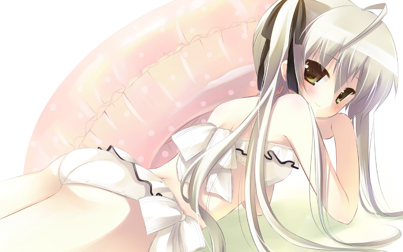 natsume eri, kasugano sora, haruka na sora, yosuga no sora, 1girl, ass, bikini, brown eyes, female focus, from behind, hair ribbon, long hair, looking at viewer, looking back, lying, ribbon, solo, swimsuit, twintails, white hair