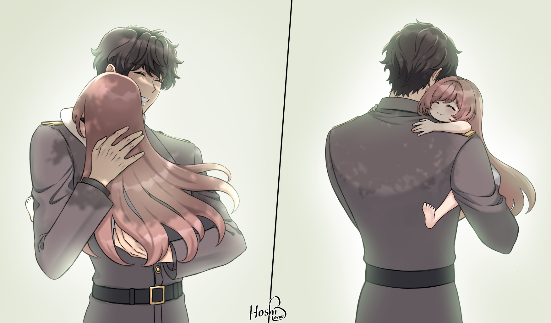 hoshiberuu, commander (nikke), only one (nikke), goddess of victory: nikke, commentary, english commentary, highres, 1boy, 1girl, closed eyes, father and daughter, hug, long hair, smile, very long hair