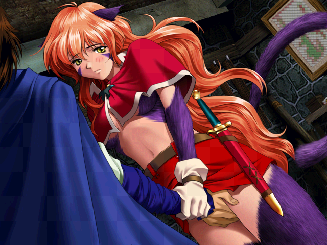 takatan, nina (words worth), words worth, fur, game cg, 1boy, 1girl, animal ears, blush, cat ears, cat tail, crotch grab, fingering, hetero, miniskirt, orange hair, skirt, tail, yellow eyes