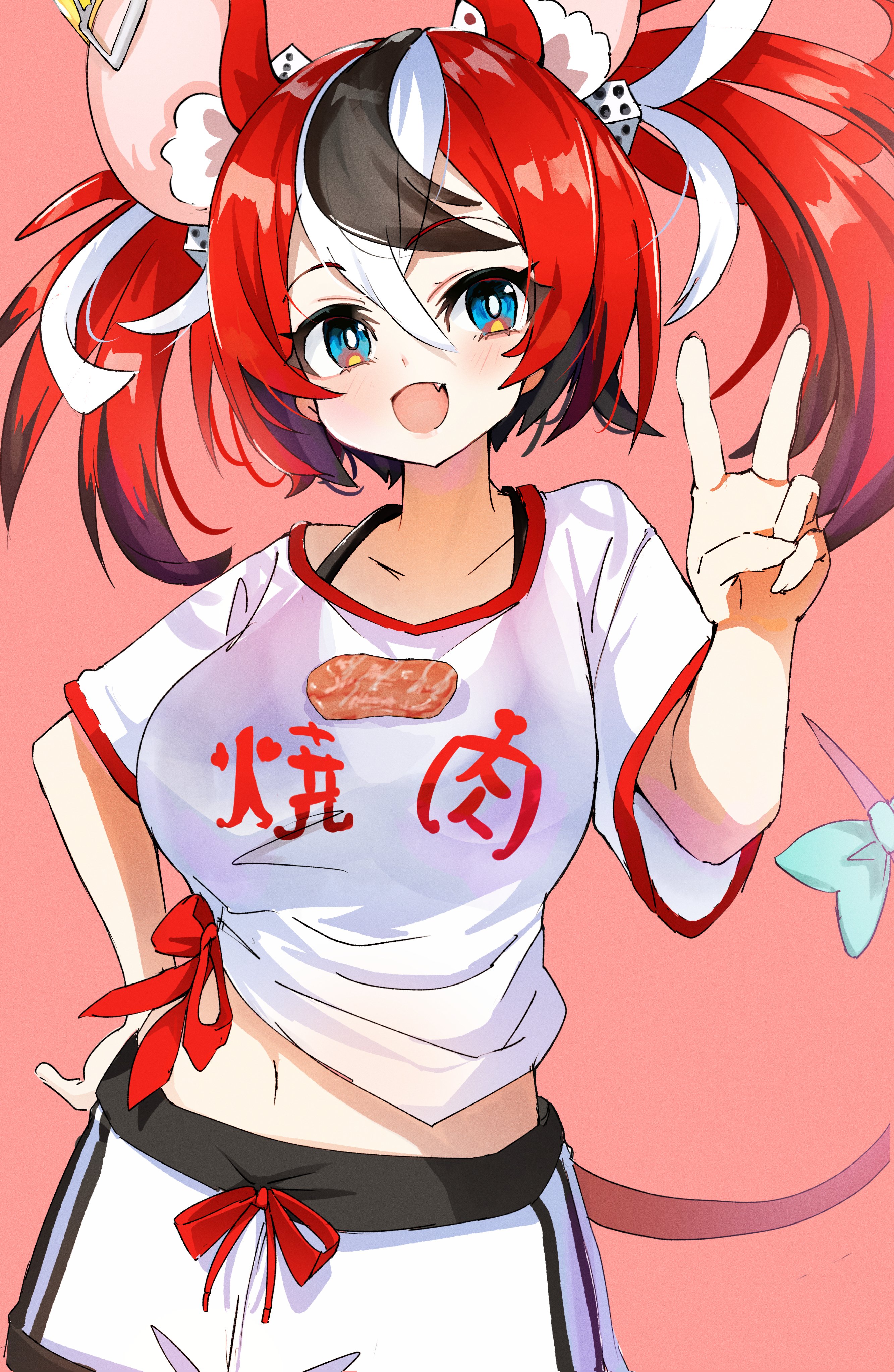 hakos baelz, hololive, hololive english, absurdres, commentary, highres, 1girl, alternate costume, animal ear fluff, animal ears, black bra, black hair, black streaks, blue eyes, blush, bow, bra, bra visible through clothes, breasts, clothes writing, dice hair ornament, double-parted bangs, fang, food, food on body, food on breasts, hair between eyes, hair ornament, hand on own hip, meat, medium breasts, midriff, mouse ears, mouse tail, mousetrap, multicolored hair, navel, object on breast, open mouth, pink background, red hair, see-through clothes, see-through shirt, shirt, shorts, smile, tail, tail bow, tail ornament, tied shirt, twintails, uduki2025, underwear, uneven twintails, v, virtual youtuber, white hair, white shirt, white shorts