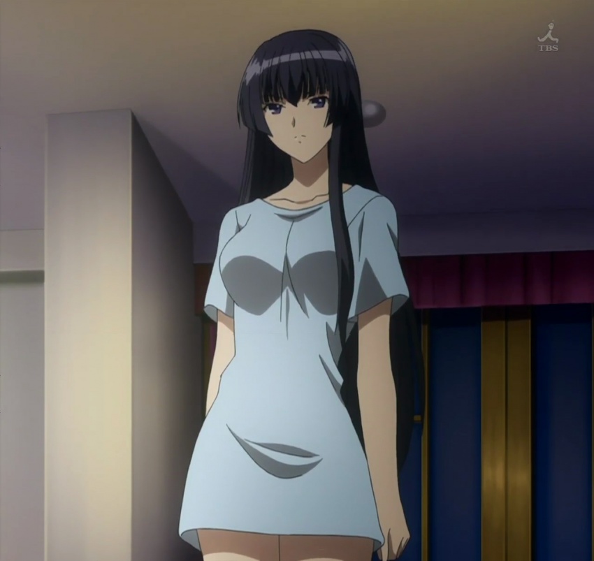sangou shizuku, kampfer, screencap, black eyes, black hair, breasts, large breasts, long hair, pajamas