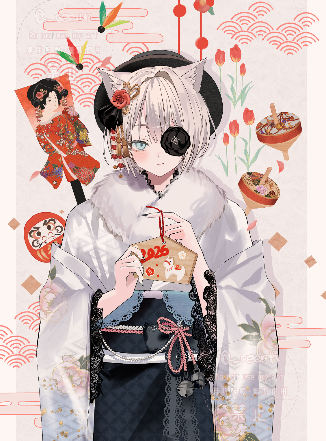 chiemo (xcem), original, commentary request, highres, 1girl, animal ear fluff, animal ears, black flower, black hat, black kimono, blue eyes, blush, border, brown background, daruma doll, egasumi, ema, flower, flower over eye, fur-trimmed kimono, fur trim, grey hair, hagoita, hane (hanetsuki), hat, holding, holding ema, japanese clothes, kimono, long sleeves, looking at viewer, obi, paddle, sash, seigaiha, shadow, short hair, simple background, smile, solo, spinning top, twitter username, two-tone kimono, watermark, white border, white kimono, wide sleeves