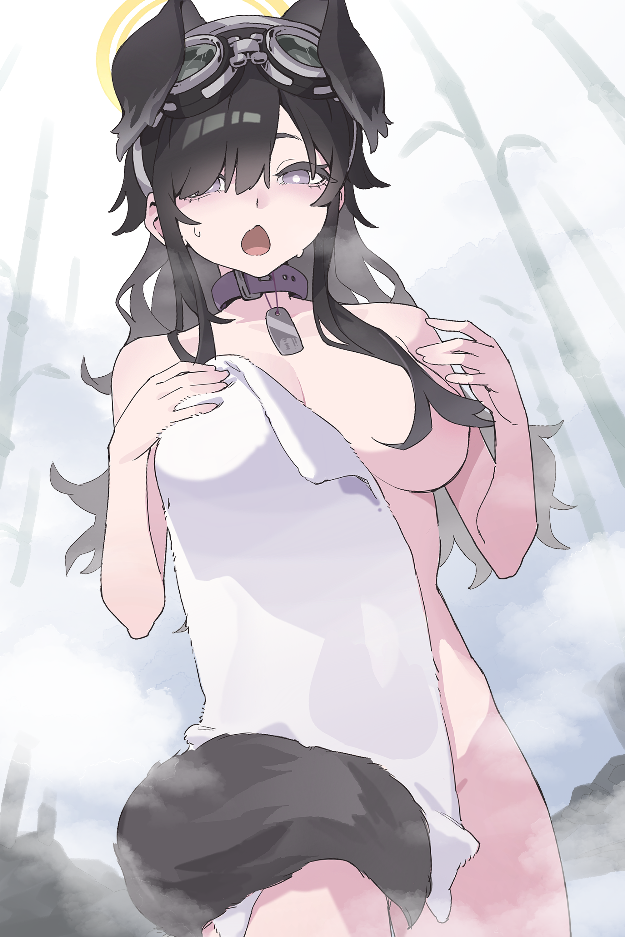 hibiki (blue archive), blue archive, absurdres, commentary, highres, 1girl, animal collar, animal ears, bathing, black hair, breasts, collar, dog ears, dog girl, dog tail, goggles, goggles on head, halo, long hair, looking at viewer, naked towel, open mouth, solo, tail, tomo22, towel, yellow halo