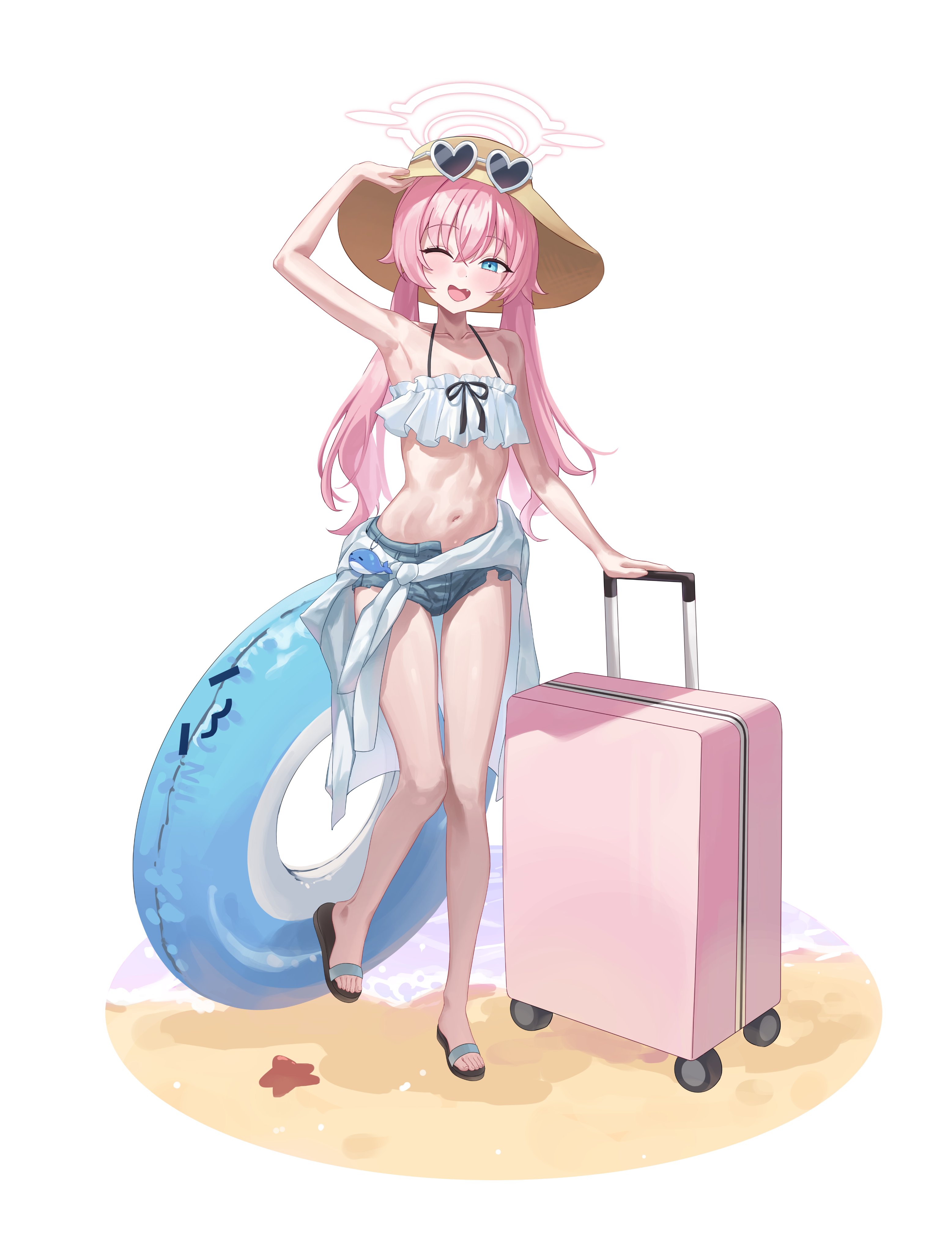 hido88, hoshino (blue archive), hoshino (swimsuit) (blue archive), blue archive, absurdres, commentary, highres, beach, bikini, blue eyes, clothes around waist, denim, denim shorts, fang, foreclosure task force (blue archive), frilled bikini, frills, halo, hand on headwear, hat, heart, heart-shaped eyewear, innertube, jacket, jacket around waist, low twintails, ocean, one eye closed, open mouth, pink hair, pink halo, rolling suitcase, sandals, shorts, suitcase, sunglasses, swim ring, swimsuit, tinted eyewear, twintails, white background, white bikini