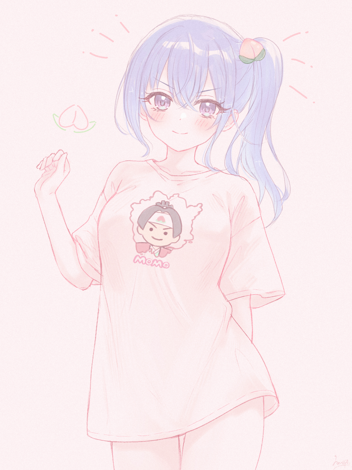 gameso, suzuki hana, idolmaster, idolmaster shiny colors, highres, 1girl, blush, breasts, closed mouth, clothes writing, cowboy shot, food-themed hair ornament, hair between eyes, hair ornament, hand up, long hair, looking at viewer, medium breasts, peach hair ornament, pink background, purple eyes, purple hair, shirt, short sleeves, side ponytail, simple background, smile, solo, v-shaped eyebrows, white shirt