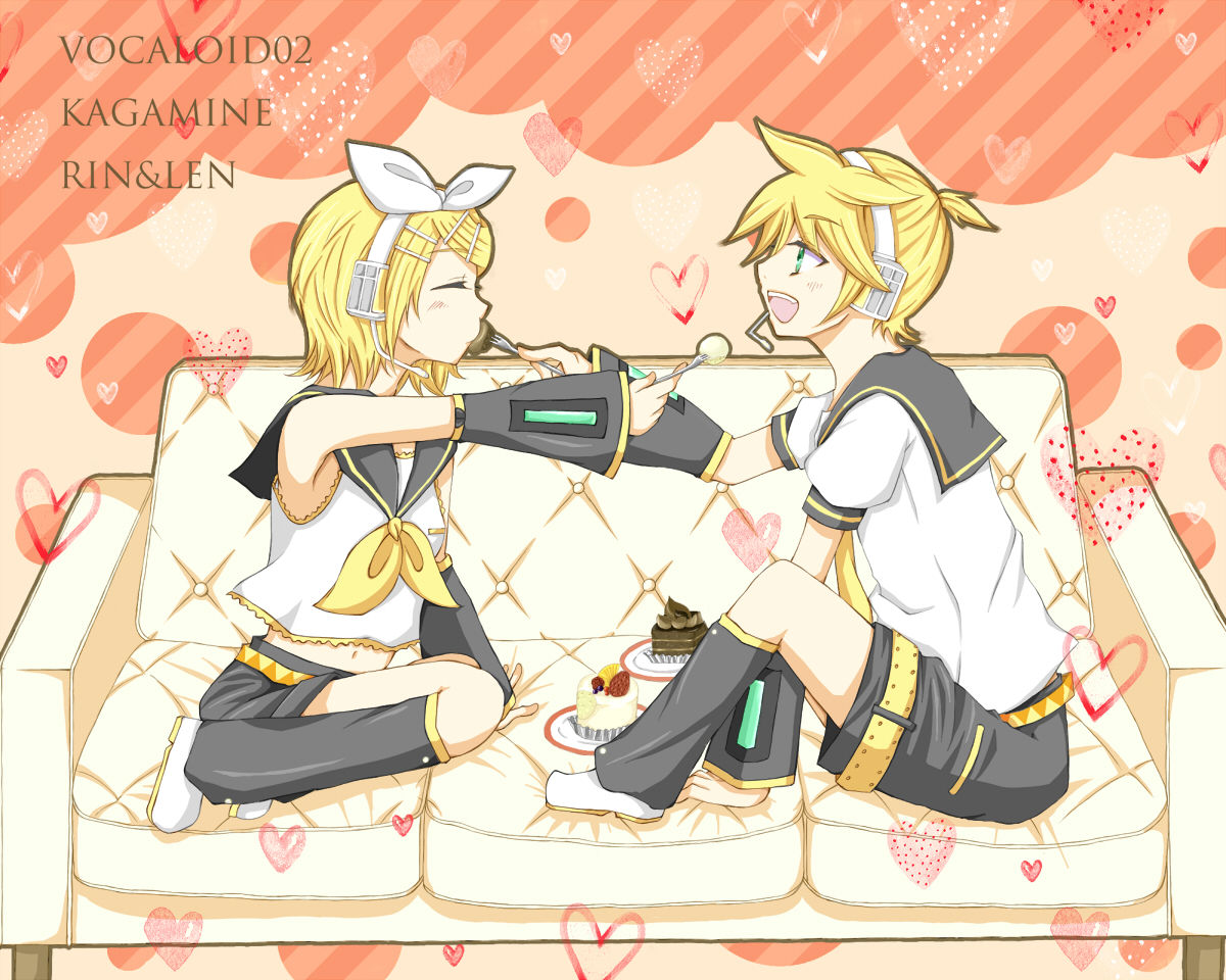 rogie, kagamine len, kagamine rin, vocaloid, 1boy, 1girl, brother and sister, cake, eating, feeding, food, mutual feeding, pastry, siblings, sweets, twins