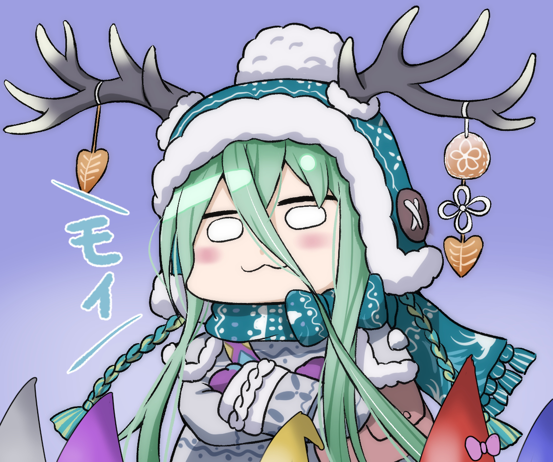 sotomichi, louhi (fate), louhi (second ascension) (fate), fate/grand order, fate (series), shikanoko nokonoko koshitantan, commentary request, translation request, 1girl, antler ornament, antlers, bag, beanie, blank eyes, blush, crossed arms, deformed, gnome hat, green hair, green hat, green scarf, grey sweater, hair between eyes, hat, horns, horns through headwear, long hair, long hair between eyes, long sidelocks, long sleeves, mittens, pom pom (clothes), pom pom beanie, purple background, purple mittens, scarf, shoulder bag, sidelocks, sweater, very long hair