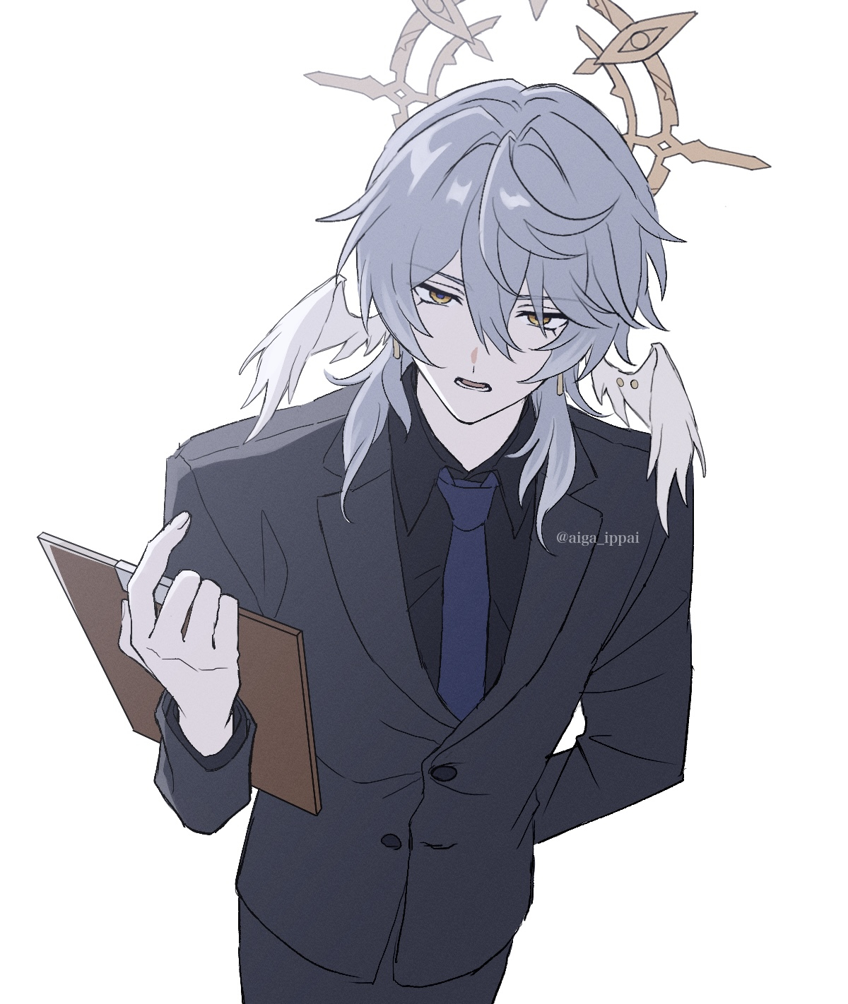 aiga ippai, sunday (honkai: star rail), honkai: star rail, honkai (series), commentary request, highres, 1boy, alternate costume, annoyed, backlighting, black shirt, black suit, blue necktie, clipboard, collared shirt, feathered wings, formal clothes, grey hair, halo, head wings, holding, holding clipboard, leaning forward, long sleeves, male focus, necktie, open mouth, shirt, short hair, sidelocks, simple background, solo, spiked halo, suit, white background, wings