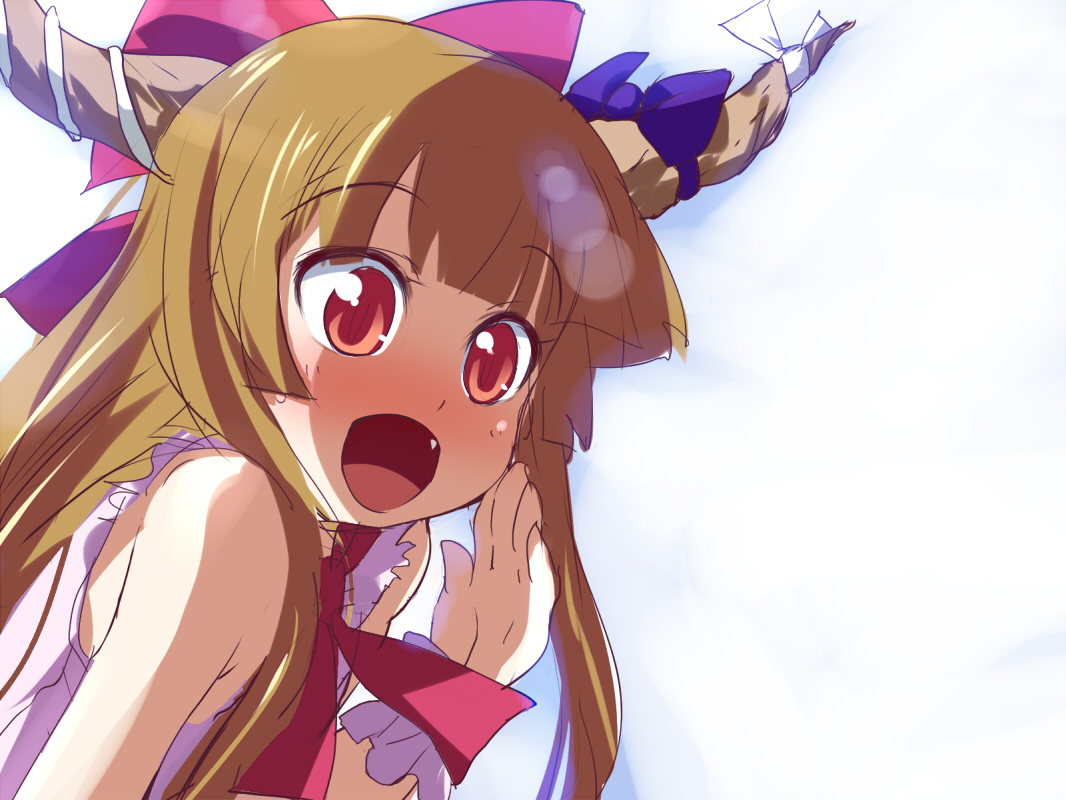 bizen, ibuki suika, touhou, bad id, bad pixiv id, 1girl, :d, backlighting, blunt bangs, brown hair, female focus, horns, long hair, open mouth, orange eyes, shouting, sketch, smile, solo