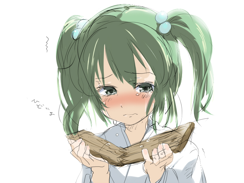 bizen, kisume, touhou, wood, translated, 1girl, broken, female focus, green eyes, green hair, hair bobbles, hair ornament, matching hair/eyes, sketch, solo, tears, text focus, twintails, white background
