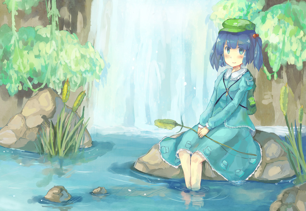 qinny, kawashiro nitori, touhou, 1girl, backpack, bag, blue eyes, blue hair, blush, female focus, hair bobbles, hair ornament, hat, key, matching hair/eyes, nature, outdoors, plant, randoseru, skirt, solo, two side up, water, waterfall
