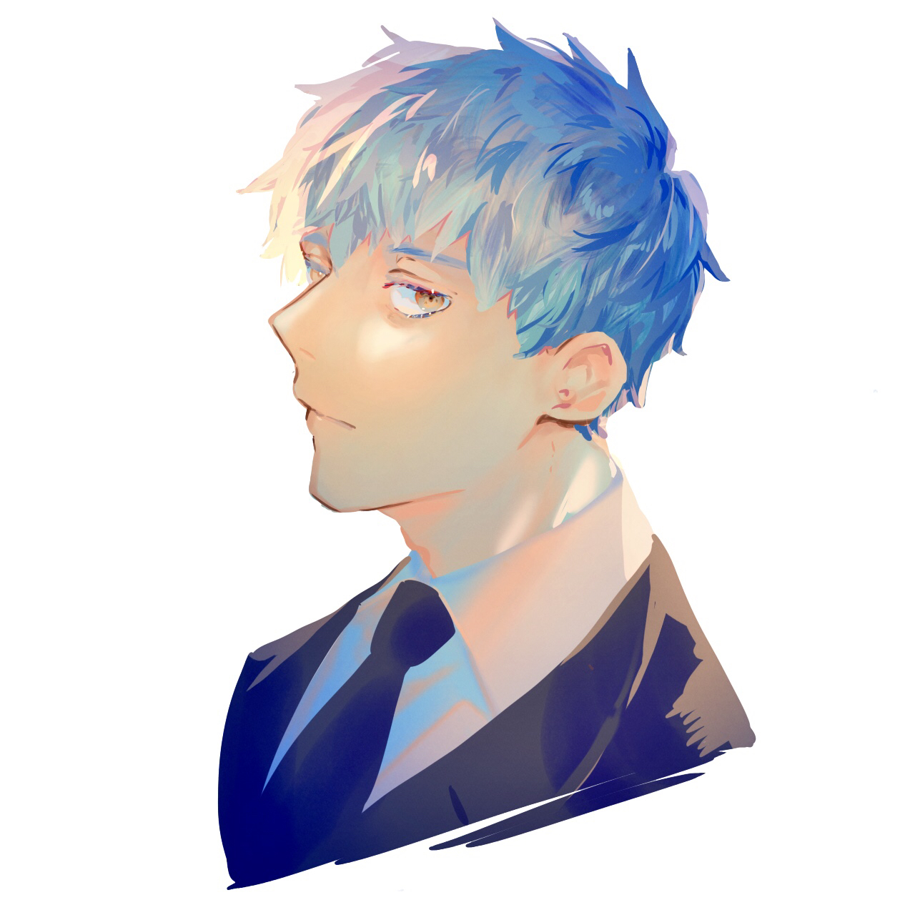 nasubi illust, saitou hajime (fate), fate/grand order, fate (series), commentary request, highres, 1boy, black jacket, black necktie, brown eyes, closed mouth, collared shirt, cropped shoulders, grey hair, jacket, looking at viewer, male focus, necktie, shirt, short hair, simple background, solo, white background, white shirt