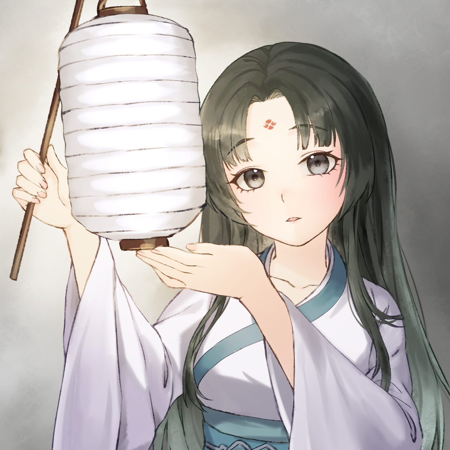 aesice, legend of mortal, commentary request, highres, 1girl, black hair, blue eyes, chinese clothes, curtained hair, fingernails, hanfu, holding, holding lantern, jiaoling ruqun, lantern, long hair, long sidelocks, looking at viewer, paper lantern, parted hair, parted lips, sheng xue, sidelocks, solo, upper body, white hanfu, wide sleeves