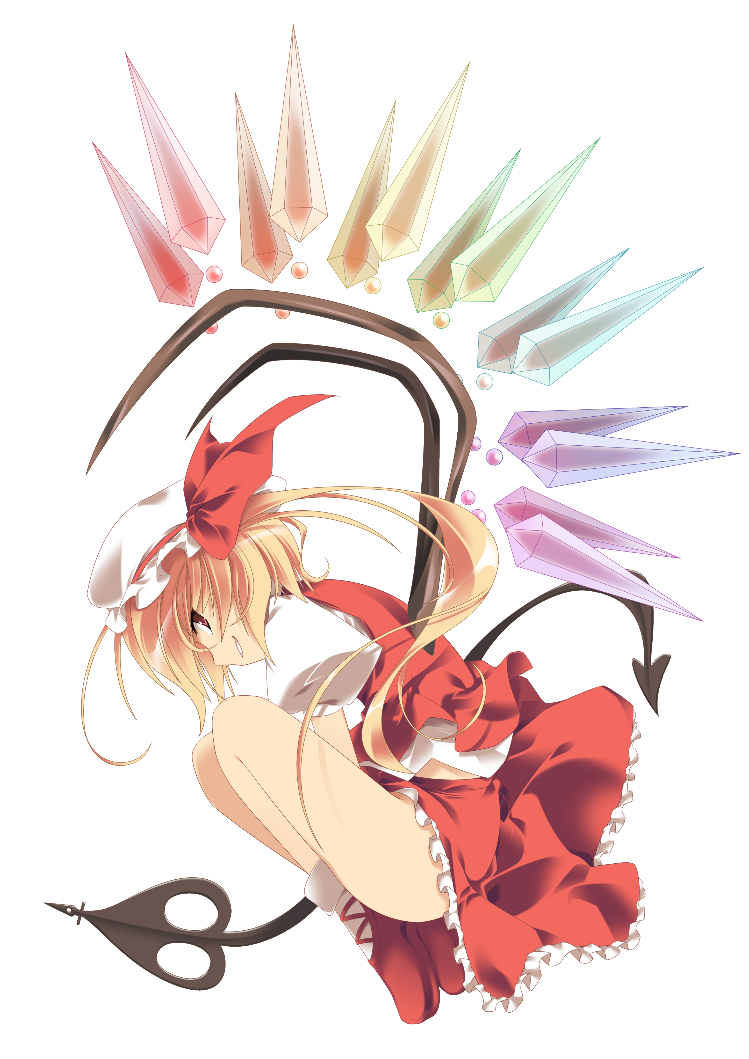 sakurame, flandre scarlet, touhou, absurdres, highres, 1girl, ass, blonde hair, female focus, fetal position, full body, hat, laevatein, legs, looking at viewer, profile, red eyes, shoes, short hair, side ponytail, smirk, socks, solo, transparent background, vampire, wings
