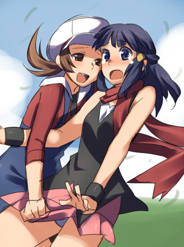 weee (raemz), dawn (pokemon), lyra (pokemon), nintendo, pokemon, pokemon (anime), pokemon dppt, pokemon hgss, 00s, 2girls, bare legs, bare shoulders, blue eyes, blue hair, blush, brown eyes, brown hair, embarrassed, female focus, flat chest, hat, legs, long hair, looking at another, low twintails, multiple girls, open mouth, panties, pantyshot, red scarf, scarf, short hair, shy, sketch, skirt, smile, standing, surprised, teasing, twintails, underwear, v, wristband, yuri