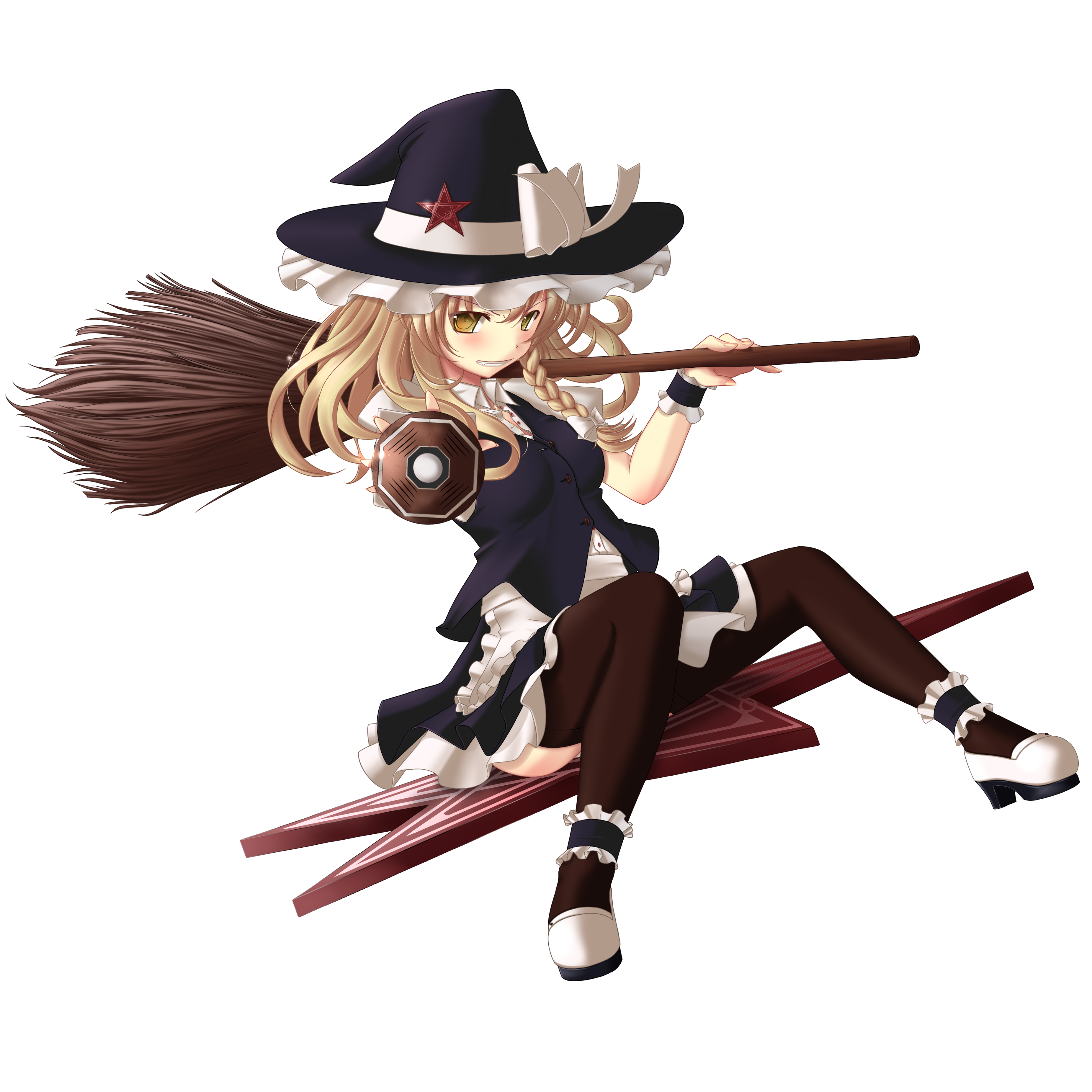 kaisu, kirisame marisa, touhou, absurdres, highres, 1girl, black thighhighs, blonde hair, braid, broom, female focus, full body, hat, mini-hakkero, short hair, solo, star (symbol), thighhighs, transparent background, witch, witch hat, yellow eyes