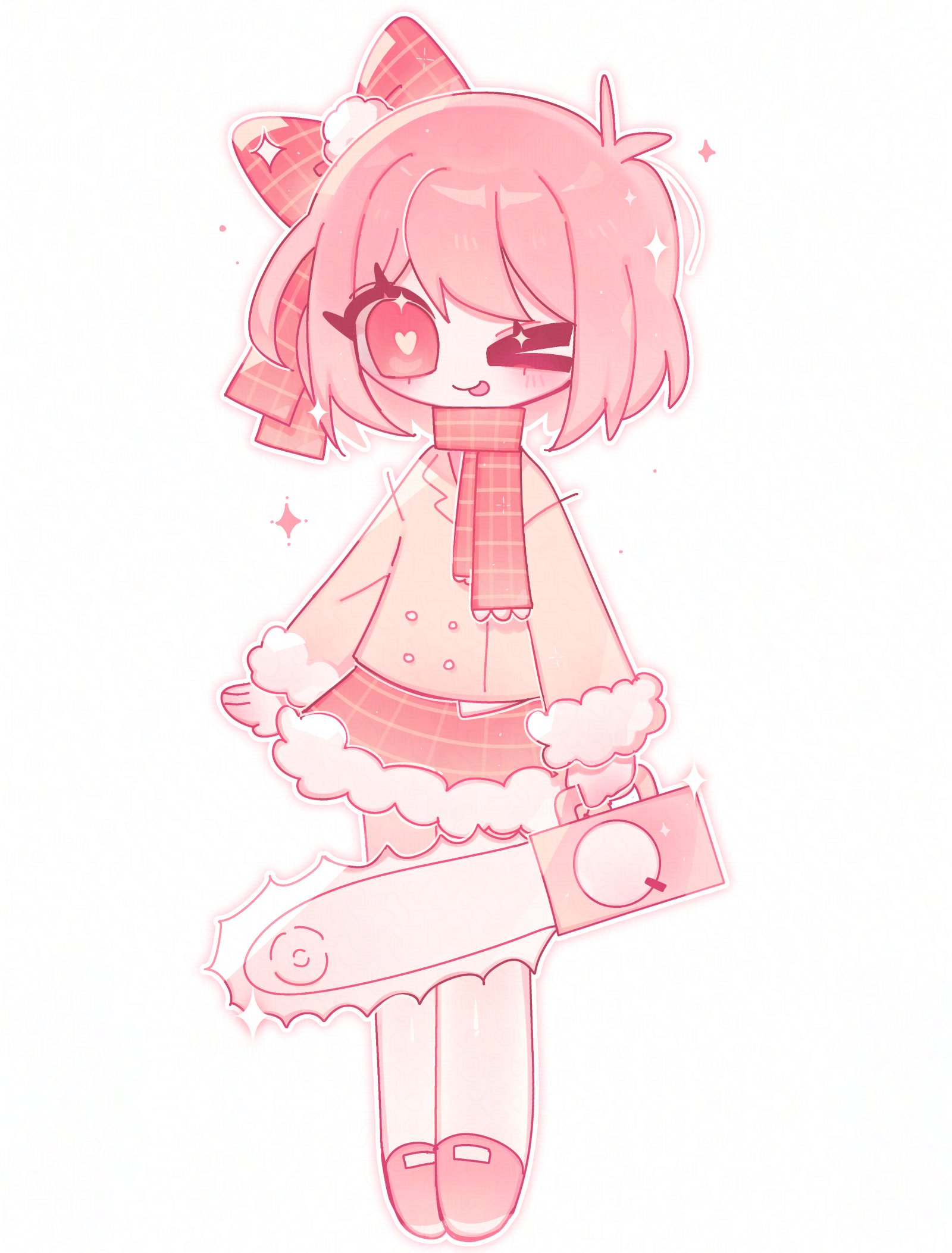 1018sus, original, commentary request, highres, korean commentary, > o, 1girl, ;p, antenna hair, arms at sides, bare legs, bob cut, bow, bright pupils, buttons, chainsaw, colored skin, deformed, double-breasted, fewer digits, full body, fur-trimmed skirt, fur-trimmed sleeves, fur trim, hair between eyes, hair bow, heart, heart-shaped pupils, holding, holding chainsaw, jacket, long sleeves, looking ahead, miniskirt, no nose, one eye closed, outline, pink hair, pink shoes, plaid bow, plaid clothes, plaid scarf, plaid skirt, pom pom (clothes), red bow, red eyes, red scarf, red skirt, scarf, shoes, short hair, simple background, skirt, solo, sparkle, standing, symbol-shaped pupils, tareme, tongue, tongue out, very big eyes, white background, white outline, white pupils, white skin, yellow jacket