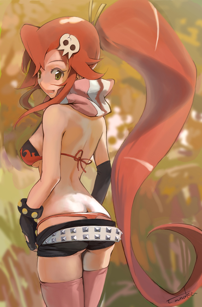 tanaka noel, yoko littner, tengen toppa gurren lagann, 00s, 1girl, ass, belt, bikini, bikini top only, bracelet, breasts, butt crack, elbow gloves, female focus, fingerless gloves, from behind, gloves, jewelry, long hair, looking back, medium breasts, open mouth, panties, pink thighhighs, ponytail, red hair, scarf, short shorts, shorts, signature, skull, solo, standing, studded belt, studded bracelet, swimsuit, thighhighs, thong, underboob, underwear, very long hair, whale tail (clothing), yellow eyes