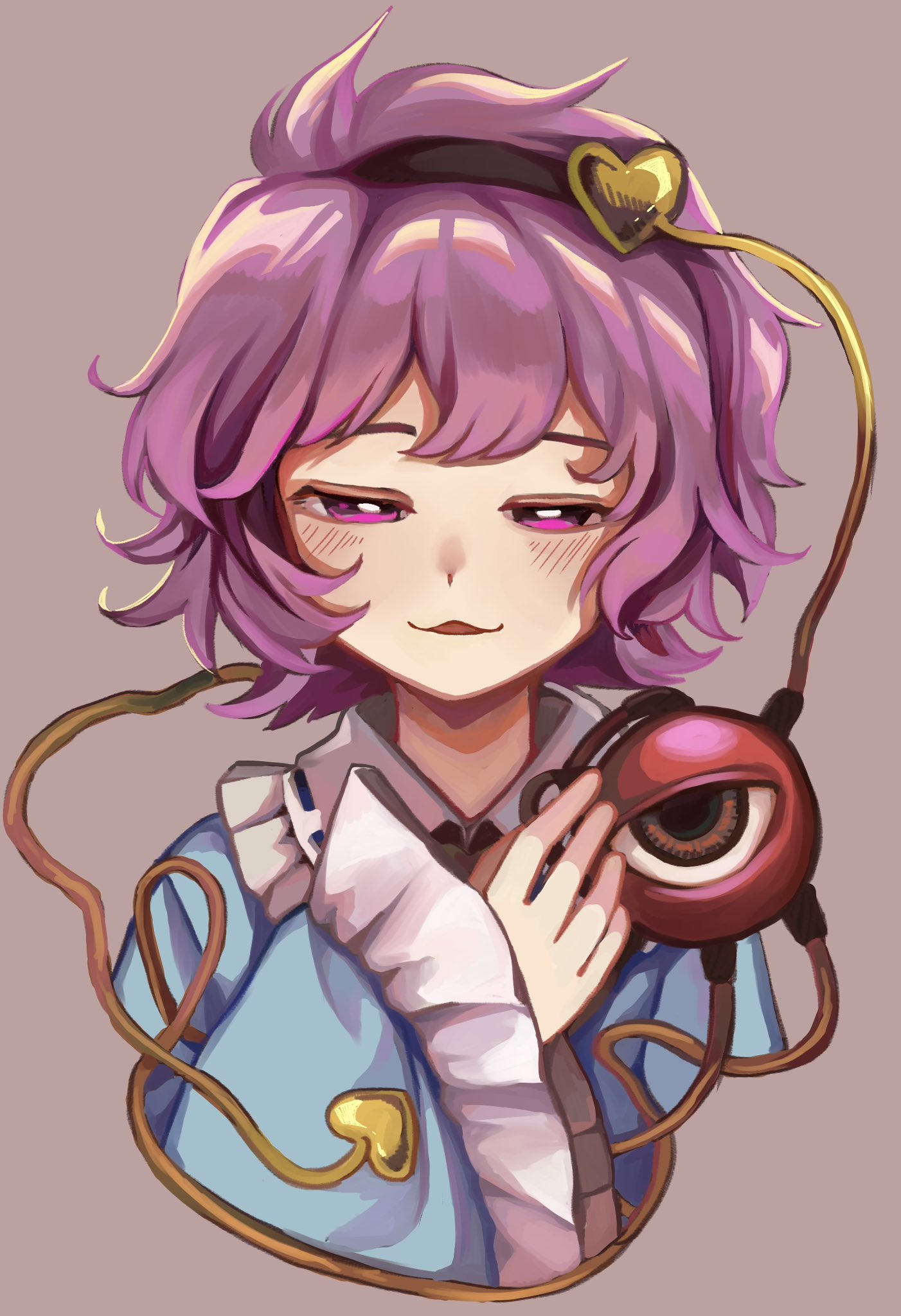 matsukuzu, komeiji satori, touhou, commentary request, highres, 1girl, black hairband, black ribbon, blue shirt, brown background, collared shirt, cropped shoulders, eyeball, frilled shirt collar, frilled sleeves, frills, hair ornament, hairband, half-closed eyes, heart, heart hair ornament, long sleeves, looking at viewer, narrowed eyes, parted lips, pink eyes, pink hair, ribbon, ribbon-trimmed collar, ribbon trim, shirt, smug, solo, third eye, wide sleeves