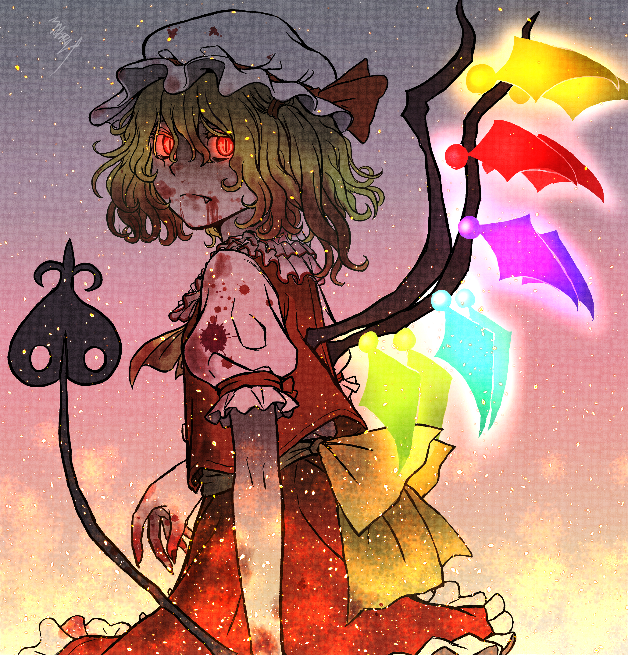 flandre scarlet, touhou, commentary request, highres, making-of available, 1girl, ascot, back bow, blonde hair, blood, blood from mouth, blood on clothes, blood on hands, bow, closed mouth, cowboy shot, crystal, crystal wings, fang, fang out, frilled skirt, frills, glowing, glowing eyes, glowing wings, hat, hat ribbon, holding, holding weapon, laevatein (touhou), matanukisuna, mob cap, multicolored wings, red eyes, red skirt, red vest, ribbon, signature, skirt, skirt set, slit pupils, solo, vest, weapon, white hat, wings, yellow ascot, yellow bow
