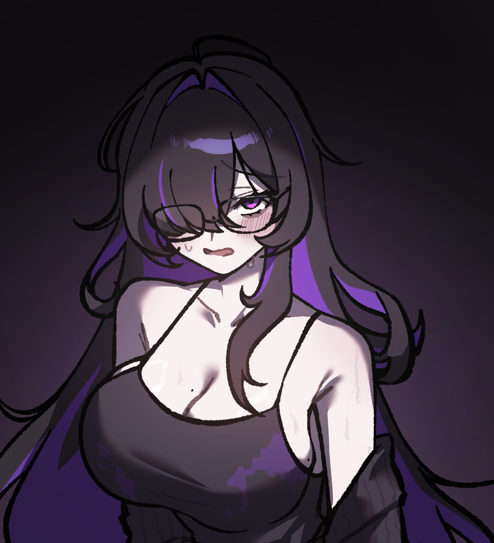 leemun, label (nikke), goddess of victory: nikke, commentary request, highres, 1girl, bare shoulders, black background, black hair, black tank top, blush, breasts, cleavage, colored inner hair, glasses, large breasts, long hair, looking at viewer, multicolored hair, parted lips, purple eyes, purple hair, simple background, solo, tank top, two-tone hair, very long hair