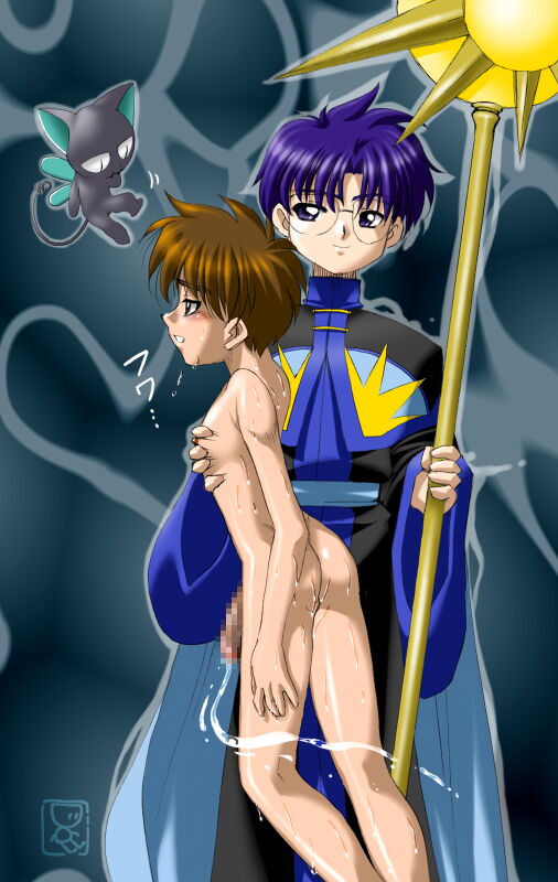 hiiragizawa eriol, li syaoran, spinel sun, cardcaptor sakura, chest grab, 1990s (style), 2boys, blush, censored, clothed male nude male, clothed on nude, cum, ejaculation, erection, male focus, multiple boys, nude, penis, retro artstyle, shota, smile, staff, sweat, yaoi