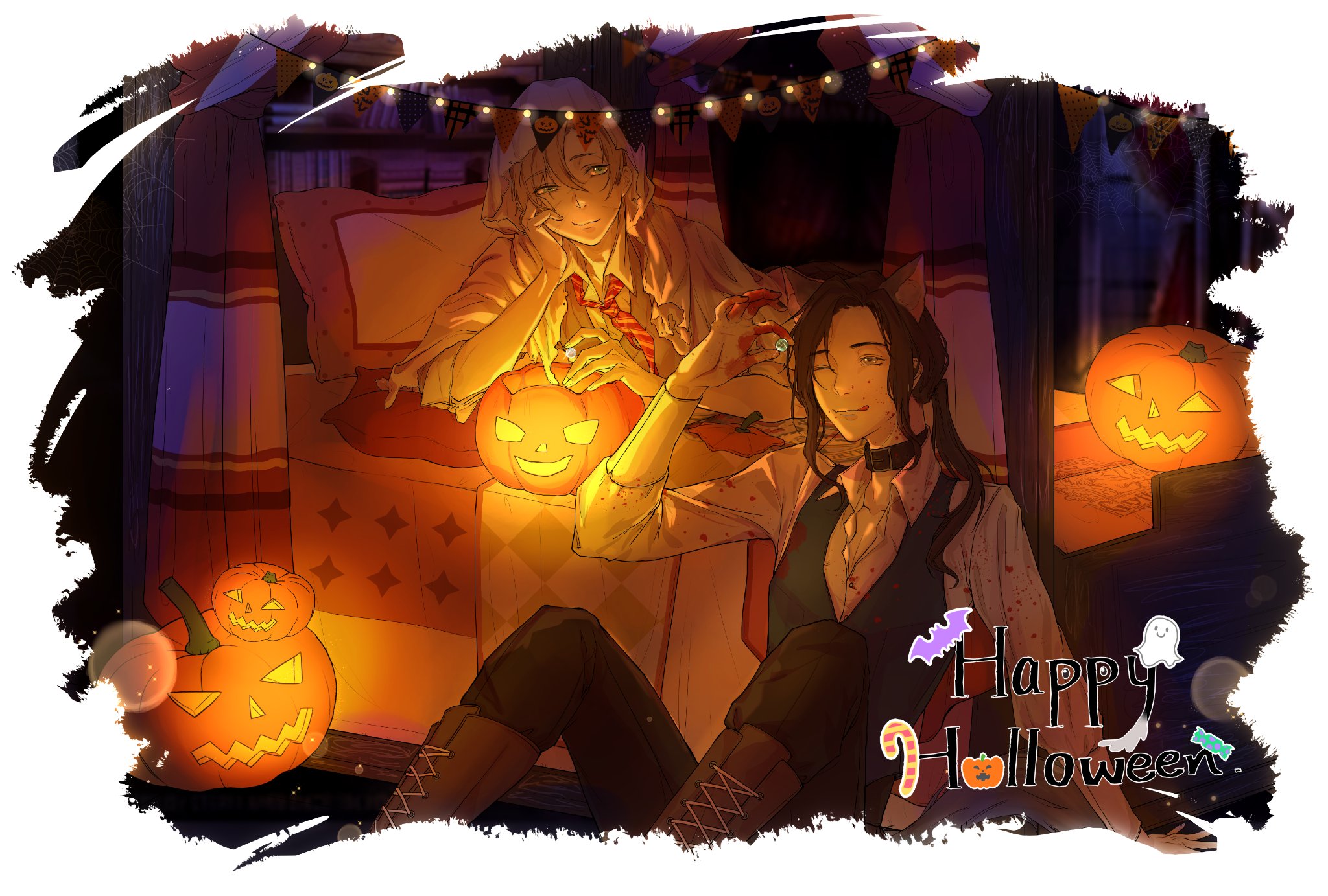 qianchuan0218, remus lupin, sirius black, harry potter (series), wizarding world, 2boys, animal collar, animal ears, bat (animal), bed, boots, candy, candy cane, closed mouth, collar, curtains, english text, food, ghost, halloween, happy halloween, indoors, jack-o'-lantern, licking lips, long hair, looking at another, male focus, multiple boys, necktie, night, on floor, one eye closed, parted bangs, pillow, ponytail, shirt, short hair, sitting, striped necktie, tongue, tongue out, vest, white shirt, window