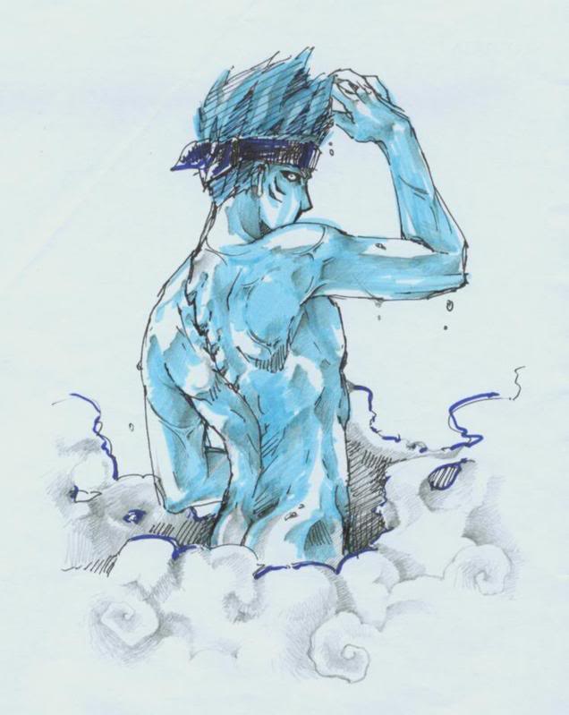 saniika, hoshigaki kisame, naruto (classic), naruto (series), 1boy, blue skin, butt crack, colored skin, gills, headband, looking back, male focus, solo