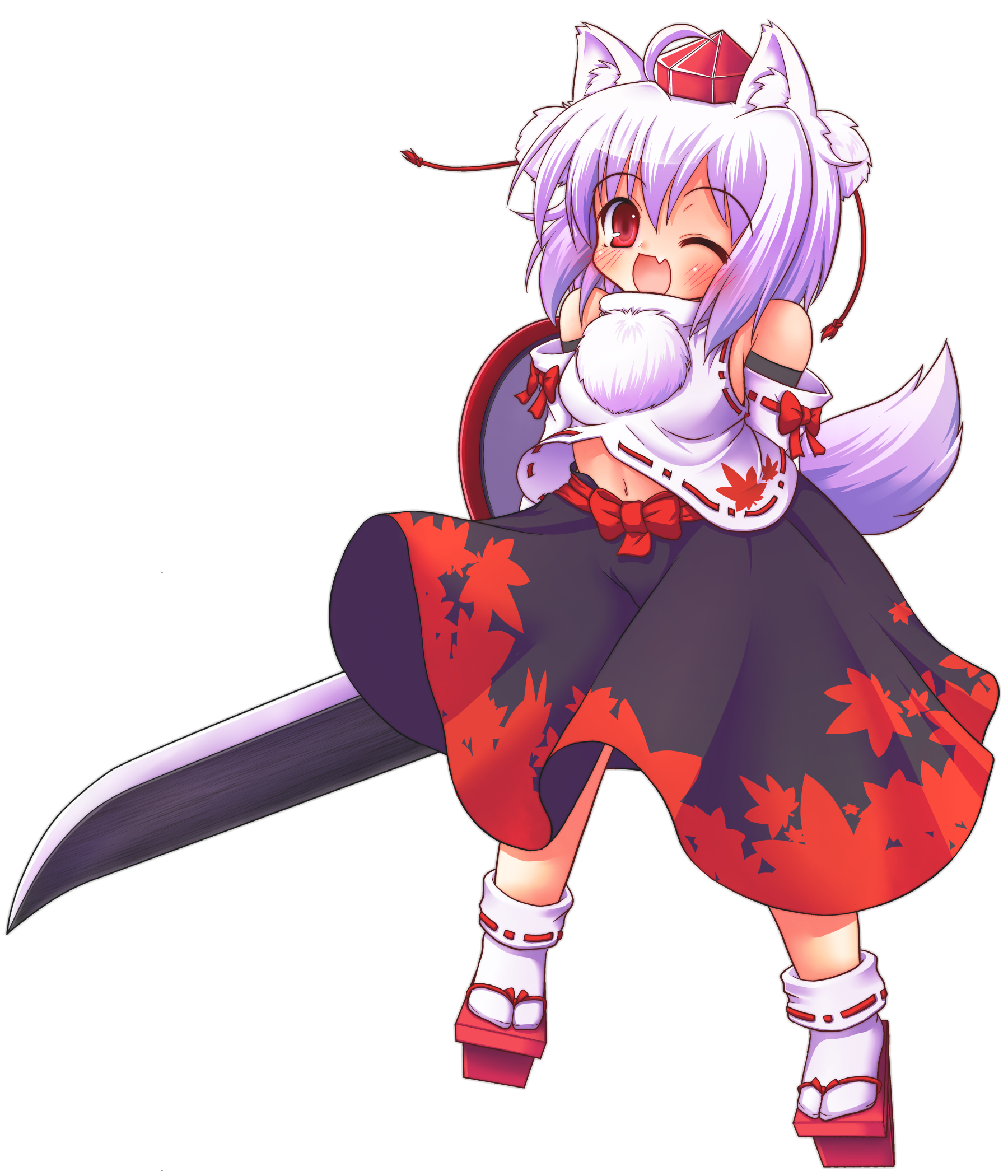 iwanosuke, inubashiri momiji, touhou, silver hair, highres, 1girl, animal ears, arms behind back, bare shoulders, detached sleeves, fang, female focus, full body, geta, hat, navel, one eye closed, open mouth, red eyes, shield, solo, sword, tail, tengu-geta, tokin hat, transparent background, weapon, wink, wolf ears, wolf tail