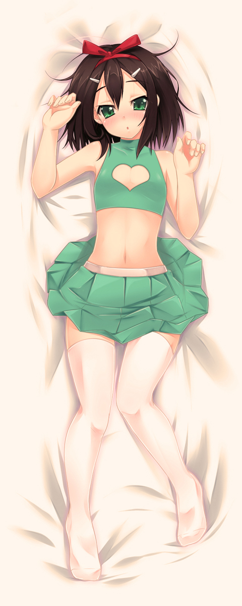 yukinon, yukinon (tsuki koubou), kinoshita hideyoshi, baka to test to shoukanjuu, highres, 1boy, blush, bow, brown hair, cleavage cutout, clothing cutout, crop top, crossdressing, crossdressing (mtf), dakimakura (medium), full body, green eyes, hair bow, hair ornament, hairclip, heart, heart cutout, legs, male focus, midriff, navel, skirt, solo, thighhighs, trap, zettai ryouiki