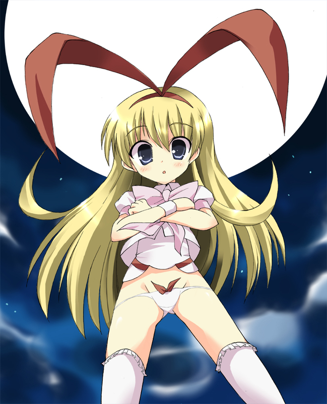 ouhashi, amae koromo, saki (manga), 1girl, blonde hair, blue eyes, blush, bottomless, female focus, groin, hairband, loli, long hair, lowleg, lowleg panties, moon, night, no pants, panties, sky, solo, thighhighs, underwear, wristband