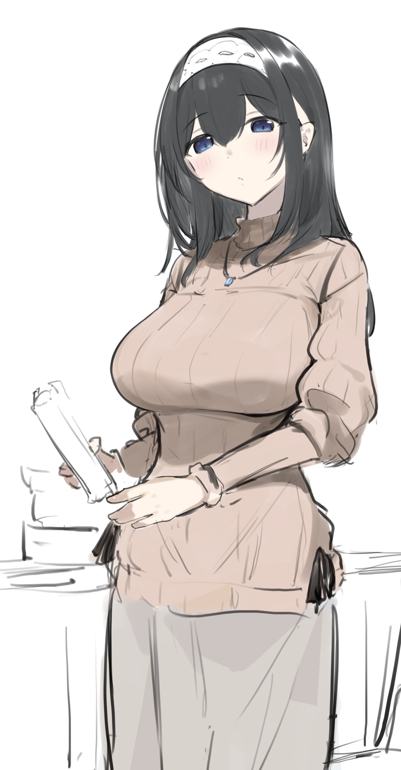 mattyazuki, sagisawa fumika, idolmaster, idolmaster cinderella girls, absurdres, commentary request, highres, 1girl, black hair, blue eyes, blush, breasts, brown sweater, grey skirt, hair between eyes, hairband, jewelry, large breasts, long hair, long sleeves, looking at viewer, necklace, simple background, sketch, skirt, solo, sweater, white background, white hairband