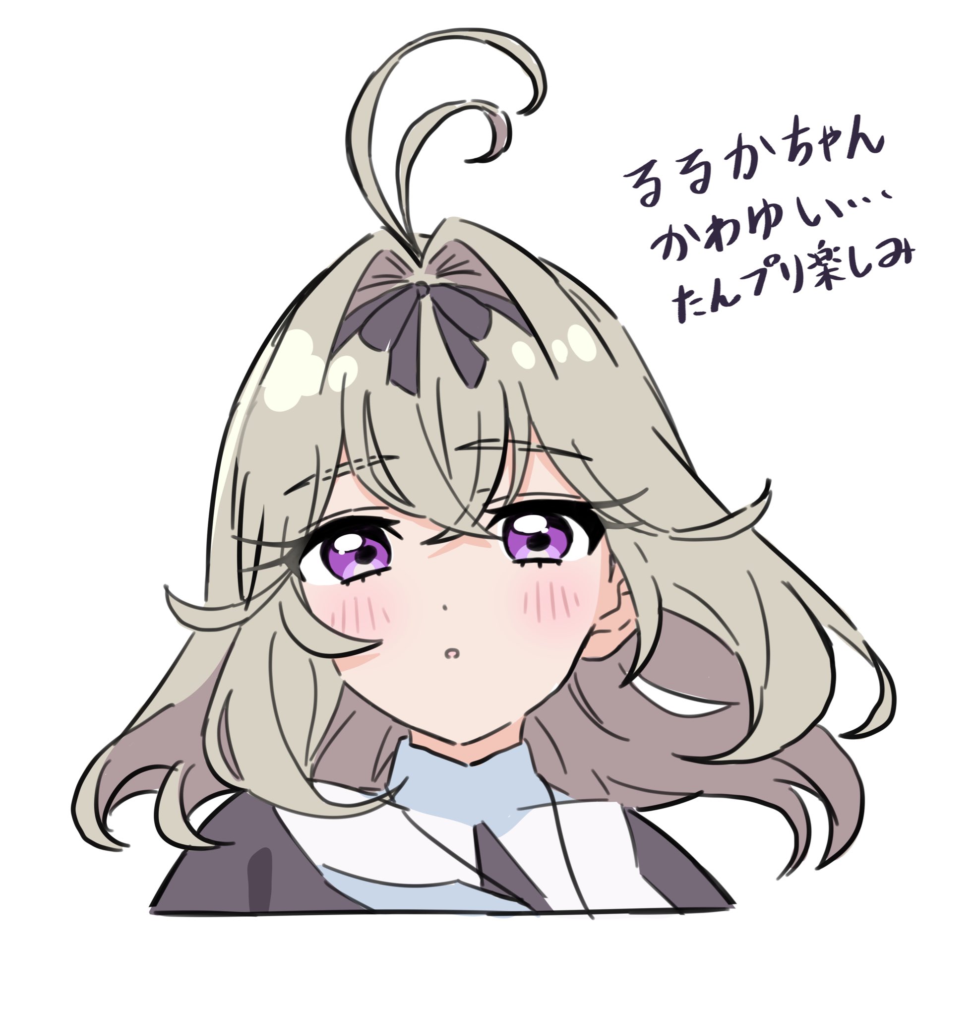 kousuke0912, precure, commentary, highres, translation request, 1girl, antenna hair, black bow, black hairband, blonde hair, blush, bow, bow hairband, collar, cropped torso, crossed bangs, curly hair, hair between eyes, hair intakes, hairband, looking at viewer, medium hair, meitantei precure!, moria ruruka, parted lips, purple eyes, simple background, solo, upper body, white background, white collar