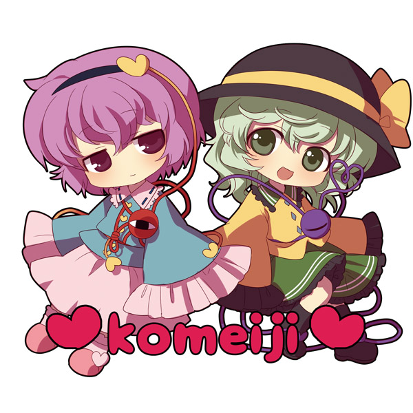 chaba (hortensia), komeiji koishi, komeiji satori, touhou, bad id, bad pixiv id, 2girls, chibi, english text, female focus, multiple girls, ribbon, short hair, siblings, sisters