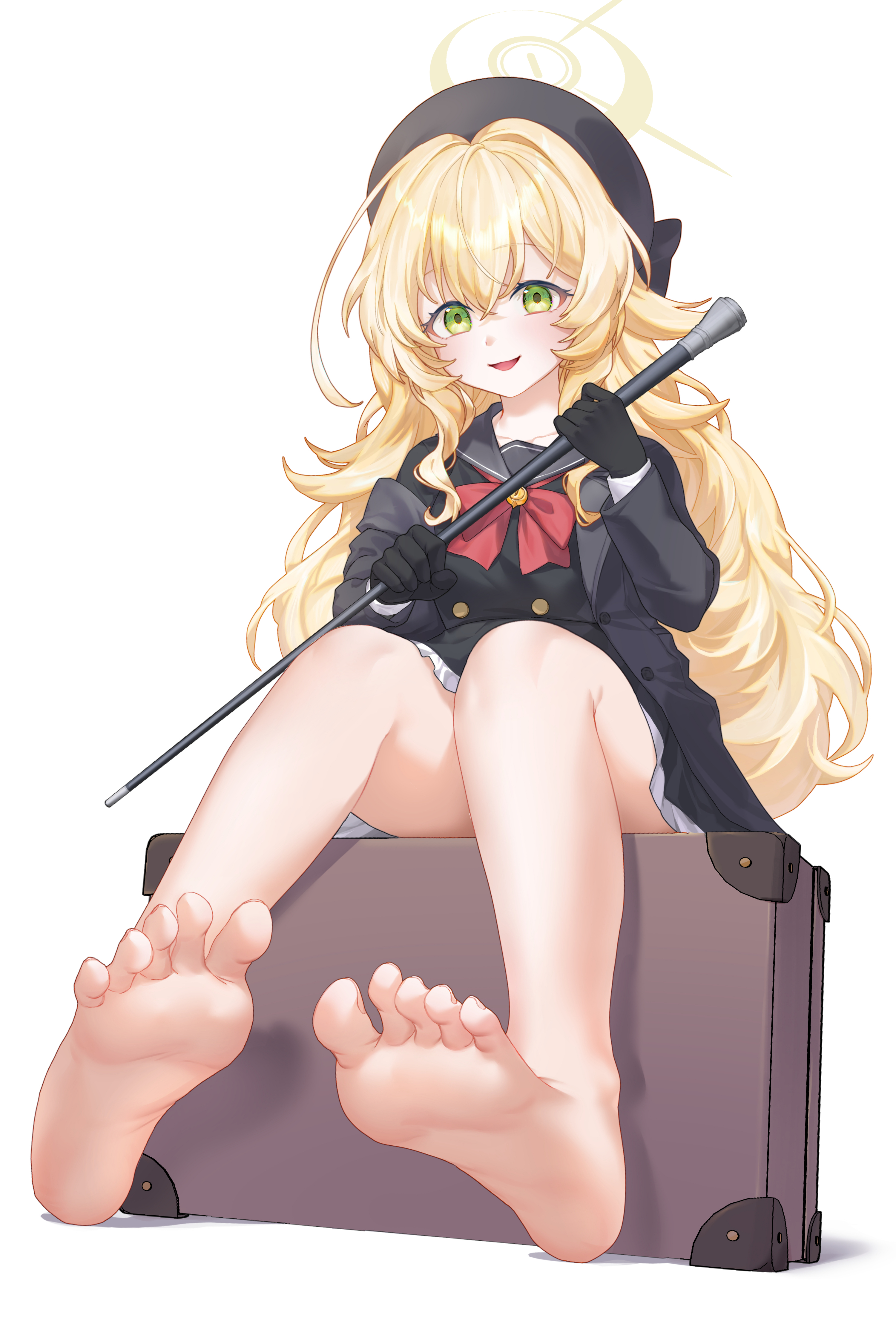 aesice, professor niyaniya (blue archive), blue archive, absurdres, commentary, highres, 1girl, barefoot, beret, big hair, black dress, black gloves, black hat, black sailor collar, blonde hair, bow, bowtie, buttons, cane, double-breasted, double-parted bangs, dress, feet, foot focus, foreshortening, full body, gloves, green eyes, halo, hat, holding, holding cane, long hair, long sleeves, looking at viewer, nervous smile, no legwear, on suitcase, open mouth, red bow, red bowtie, sailor collar, sailor dress, short dress, sitting on suitcase, smile, soles, solo, suitcase, toes, very long hair, wavy hair, yellow halo
