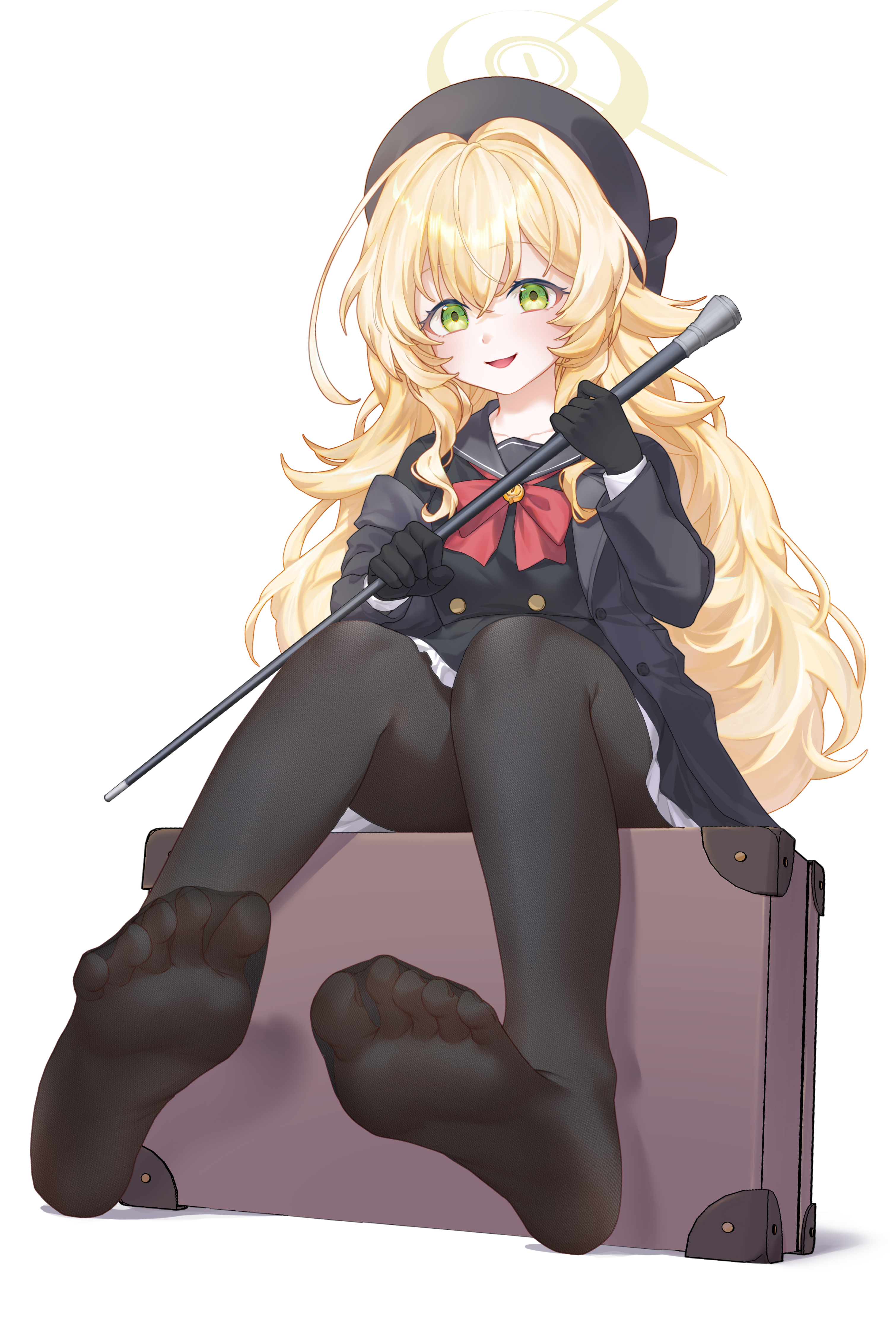 aesice, professor niyaniya (blue archive), blue archive, absurdres, commentary request, highres, 1girl, beret, big hair, black dress, black gloves, black hat, black pantyhose, black sailor collar, blonde hair, bow, bowtie, buttons, cane, double-breasted, double-parted bangs, dress, feet, foot focus, foreshortening, full body, gloves, green eyes, halo, hat, holding, holding cane, long hair, long sleeves, looking at viewer, nervous smile, on suitcase, open mouth, pantyhose, red bow, red bowtie, sailor collar, sailor dress, see-through pantyhose, short dress, sitting on suitcase, smile, soles, solo, suitcase, toes, very long hair, wavy hair, yellow halo