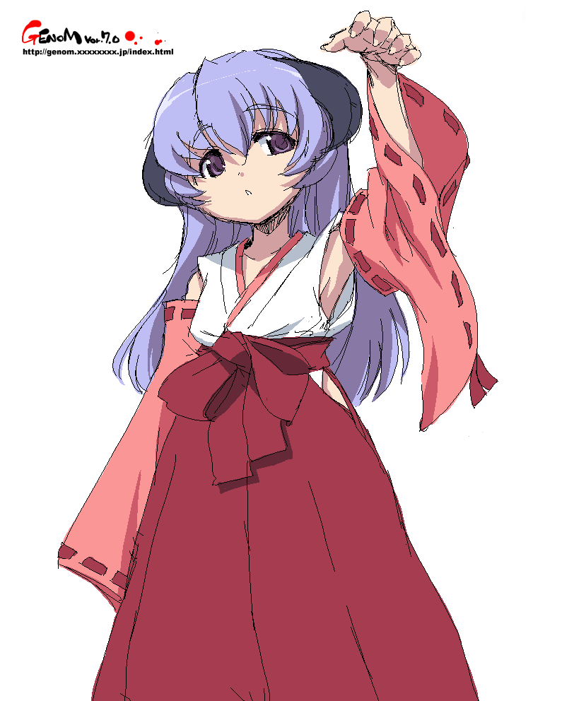 onija tarou, hanyuu, higurashi no naku koro ni, 1girl, armpits, detached sleeves, female focus, hakama, hakama skirt, horns, japanese clothes, oekaki, purple eyes, purple hair, red hakama, skirt, solo