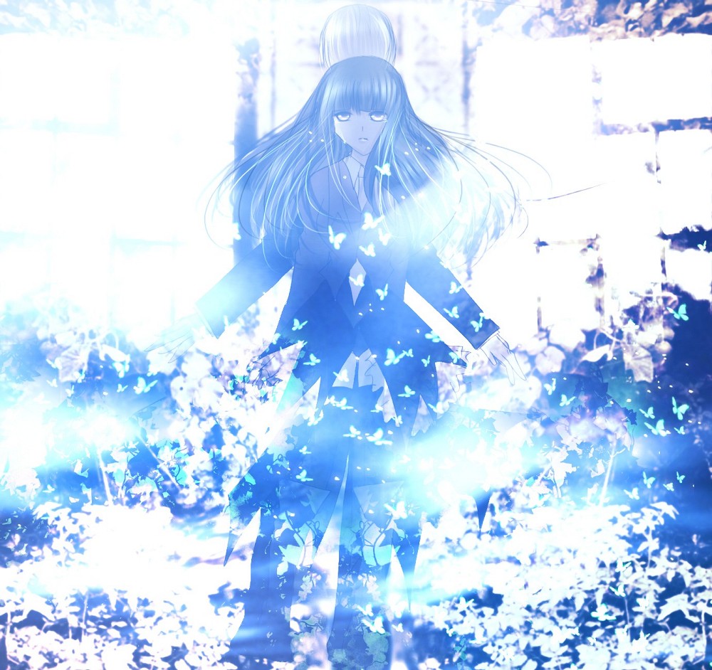 kanade sakura, kawaka kyou, leviathan (umineko), stakes of purgatory, ushiromiya kyrie, 07th expansion, no naku koro ni (series), umineko no naku koro ni, bad id, bad pixiv id, 2girls, back-to-back, black thighhighs, boots, bug, butterfly, insect, long hair, multiple girls, tears, thighhighs