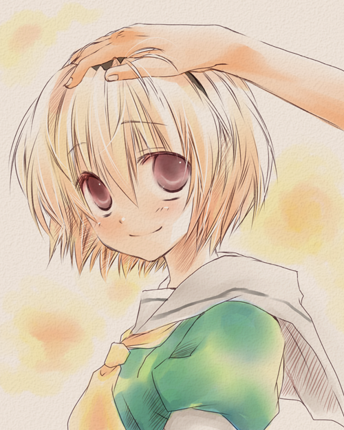 kokono coco, houjou satoko, higurashi no naku koro ni, 1girl, blonde hair, female focus, hairband, hand on another's head, headpat, school uniform, serafuku, short hair, smile, solo focus