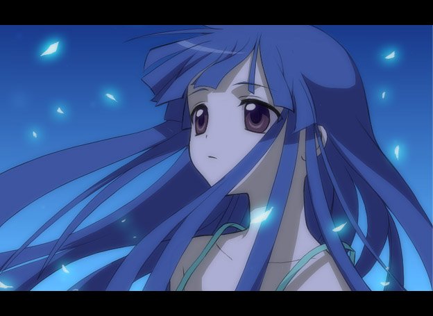 yodobashi yuo, furude rika, higurashi no naku koro ni, looking away, 1girl, blue hair, brown eyes, female focus, letterboxed, long hair, portrait, purple eyes, solo
